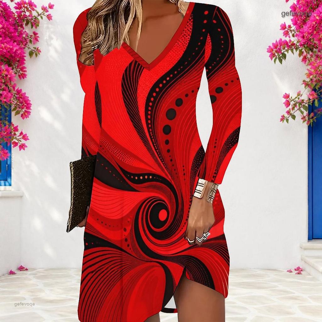 Women Plus Size V Neck Long Sleeve Abstract Swirl Printed A Line Dress