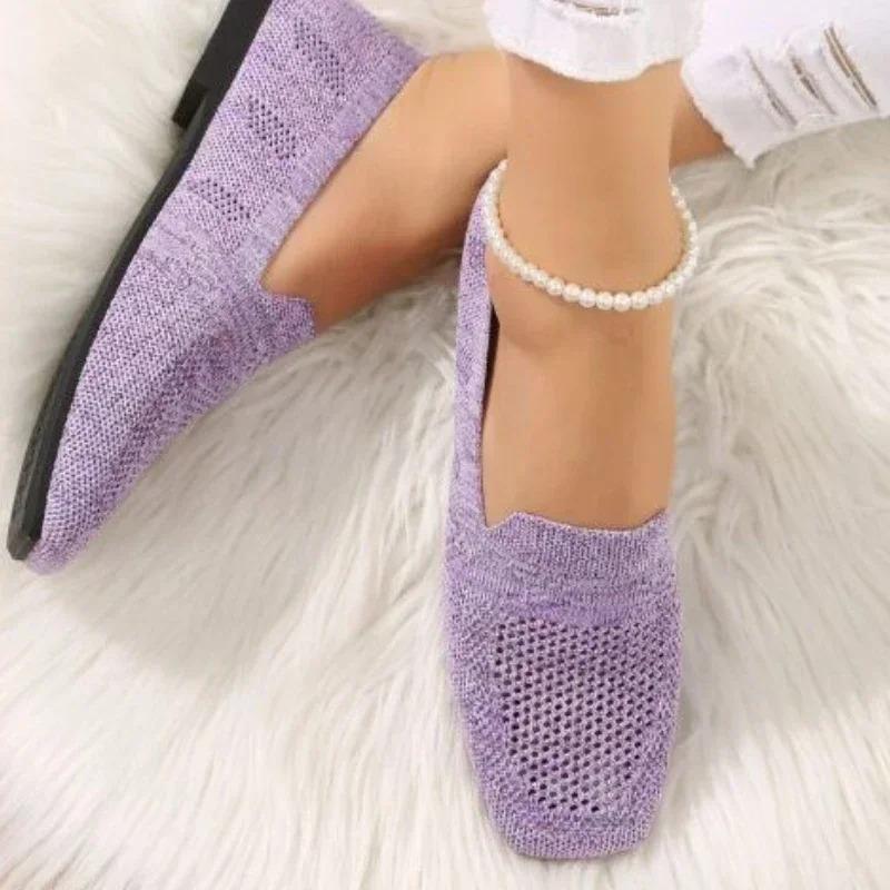 Solid Color Square Mesh Loafers Shallow Women Flats Soft Bottom Knit Ballet Flats Shoes Casual Shoe
