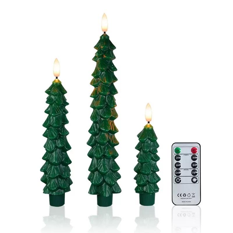 Christmas Tree Candles w/Remote Timer Paraffin Waxy Taper Candle Flickering Battery Operated LED Candlesticks 3D Flame Wick Lamp