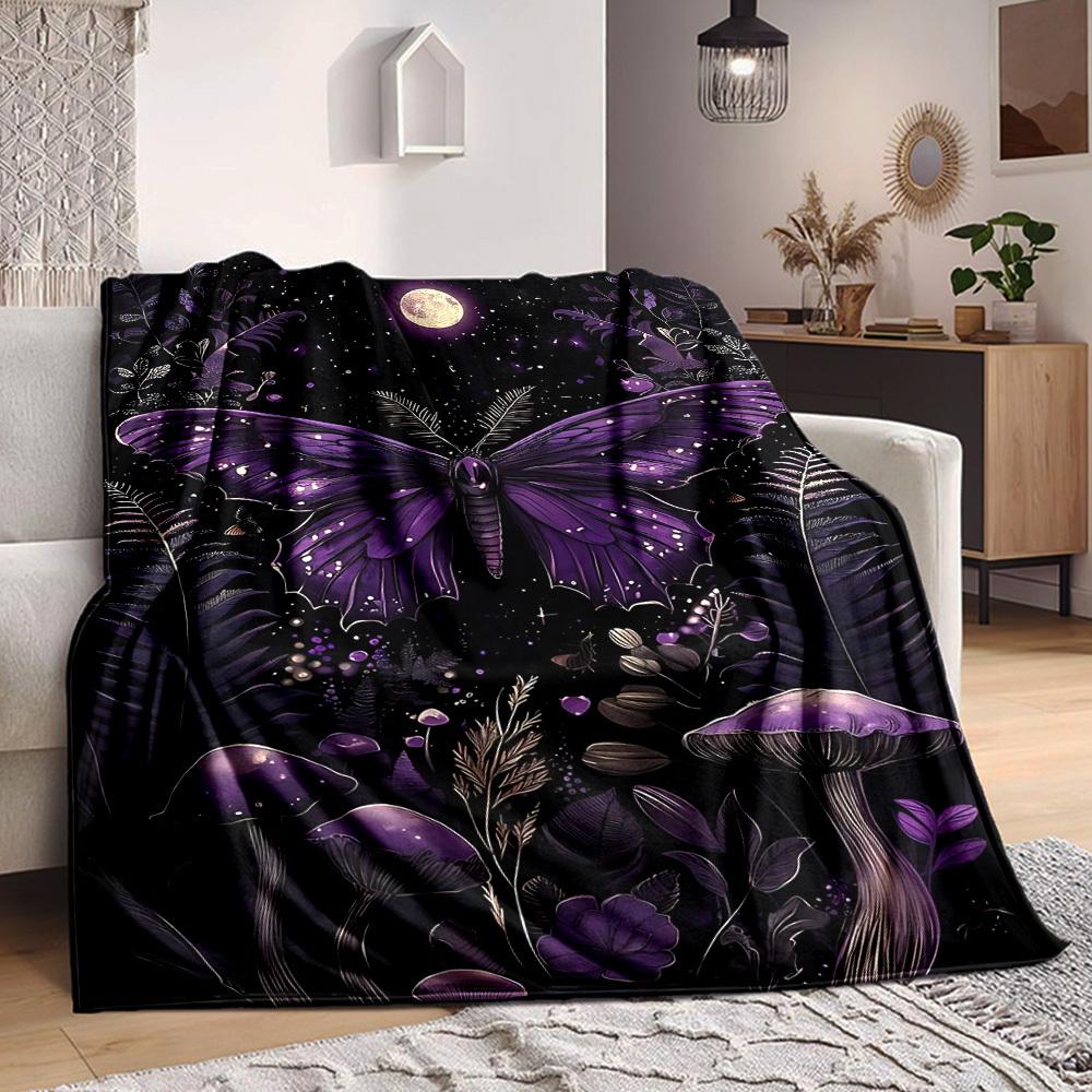 1pc Purple Moonlit Garden Blanket, Lightweight Flannel Throw Blanket for Sofa, Bed, Travel, Camping, Living Room, Office, Couch022