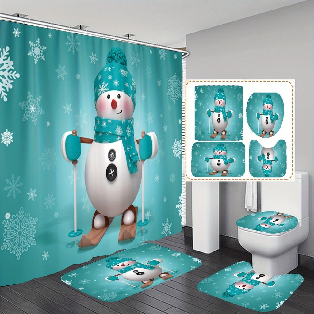 4Pcs Luxury Snowman Pattern Shower Curtain Sets Waterproof  for Bathroom Non-Slip Bathroom Rugs Lid Toilet Cover Bath Mat Bathroom Set