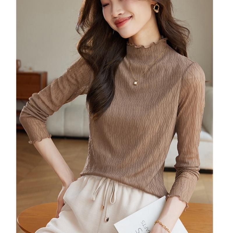 Undercover Shirt with Women's Lace Half High Collar Long Sleeved T-shirt Top for Autumn and Winter