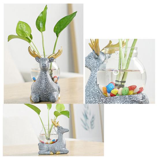 Tierfigur mit Vase, Teetisch, Mini-Blumenvase, Keramik, Hirsch und Katze mit Hydrokultur-Pflanzgefäß aus Glas für Zuhause, Schlafzimmer, Wohnzimmer, Dekoration