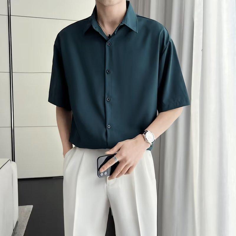 Ice Silk Men's Loose Fit Short Sleeve Button-Down Shirt - Korean, Hong Kong, Japanese Style, Plus Size, Wrinkle-Resistant