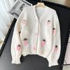 Autumn Womens Clothes Fashion Embroidery Strawberry Knitted Sweater Cardigan Sweet V-Neck Lantern Long Sleeve Loose Cardigans Coat