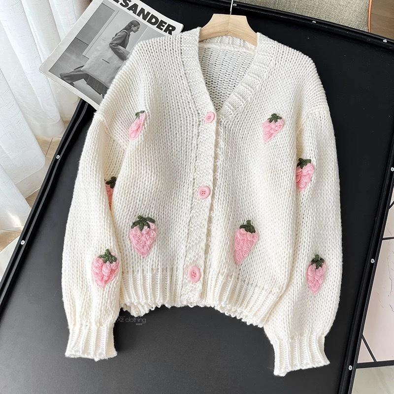 Autumn Womens Clothes Fashion Embroidery Strawberry Knitted Sweater Cardigan Sweet V-Neck Lantern Long Sleeve Loose Cardigans Coat