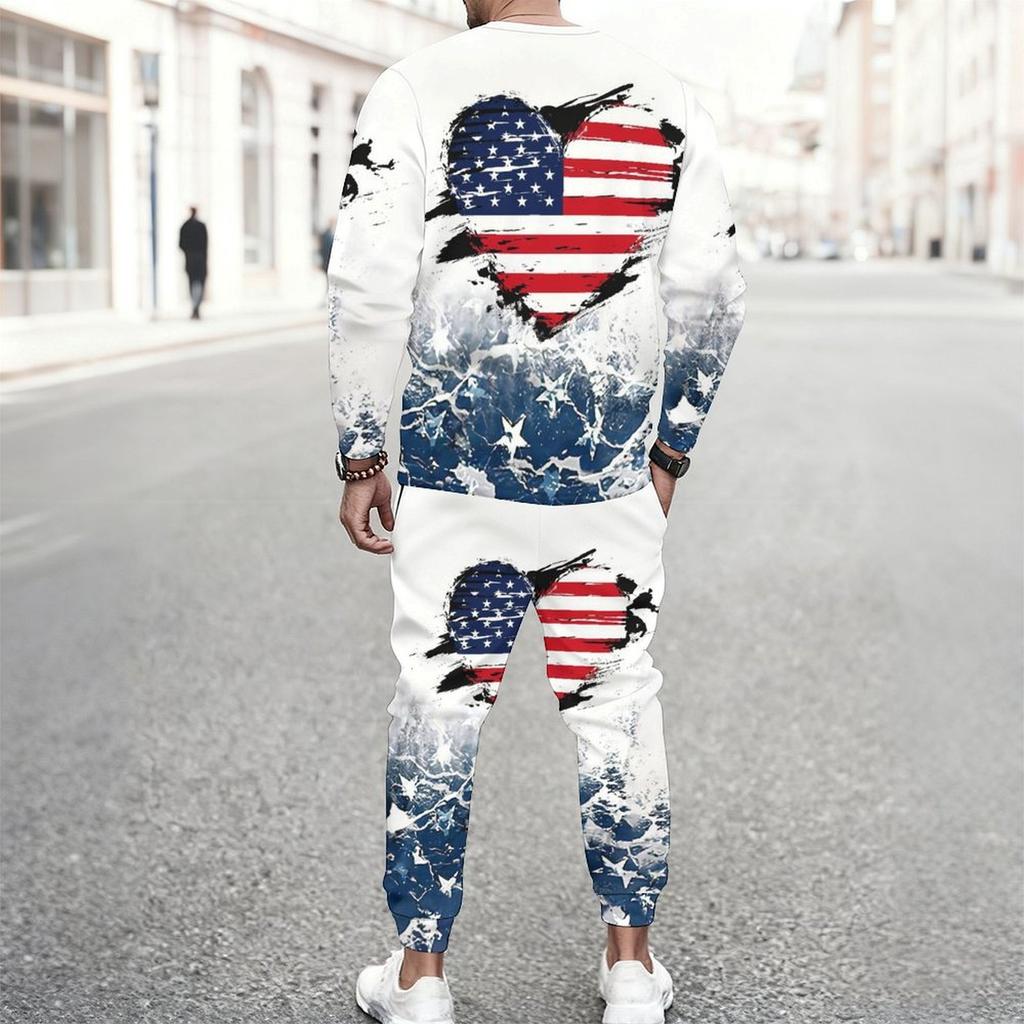 Men Heart American Flag Ocean Wave Print Long Sleeve Sweatshirt And Drawstring Jogger Pants Two Piece Outfit
