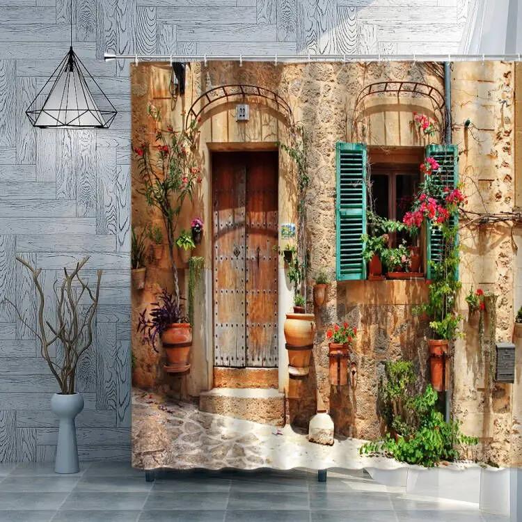Old Wooden Door Shower Curtain Farm Barn Door Rural FarmHouse Decoration Polyester Fabric Bath Curtain Bathroom Accessories Set