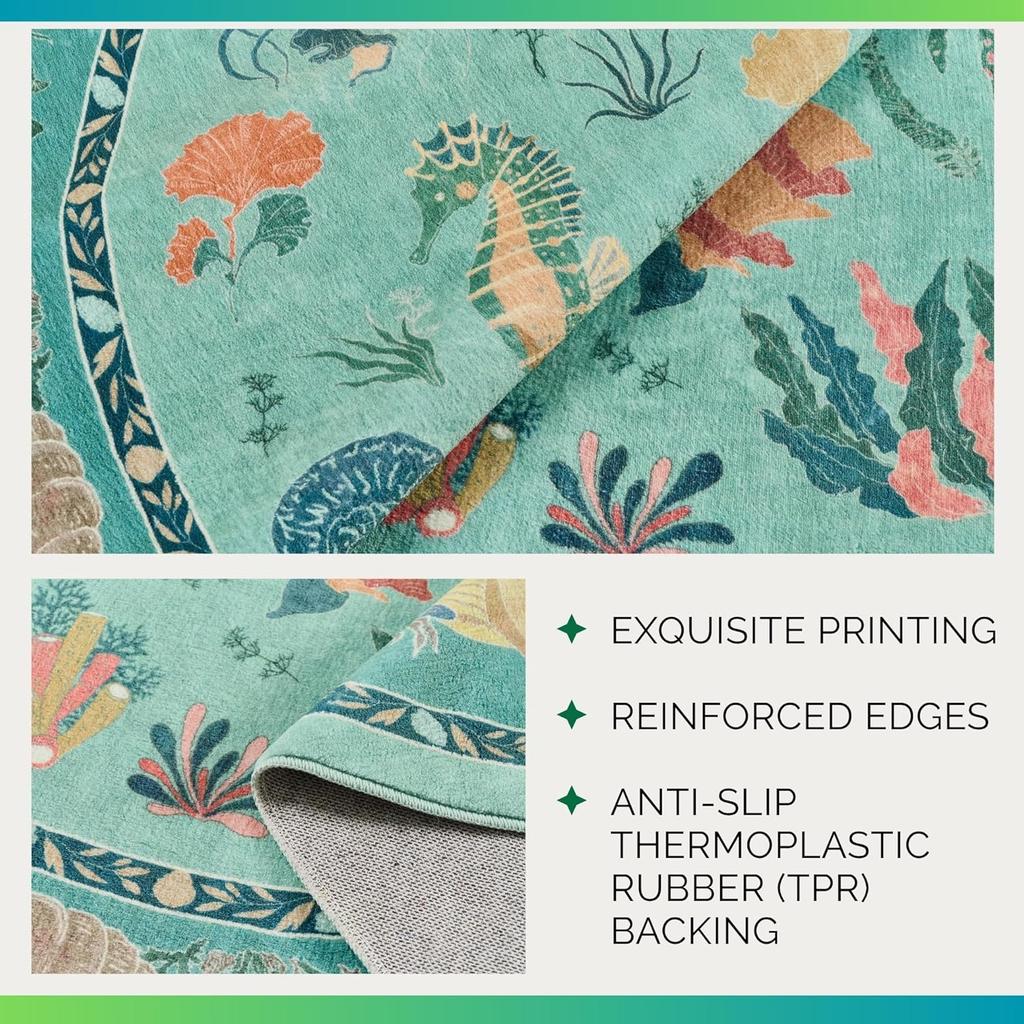 Teal Ocean Life Round Rug Vibrant Sea Creatures Jellyfish Dolphin Turtle and Coral