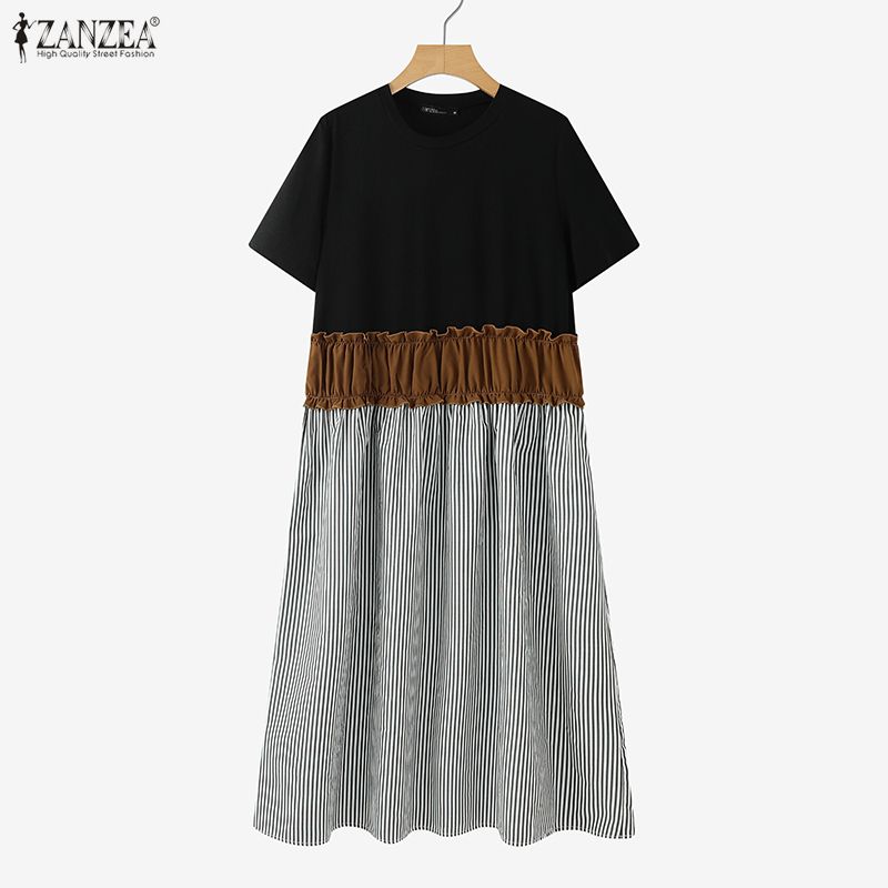 ZANZEA Rochie Casual Femei cu Gât Rotund, Mânecă Scurtă, Imbinare cu Dungi, Largă