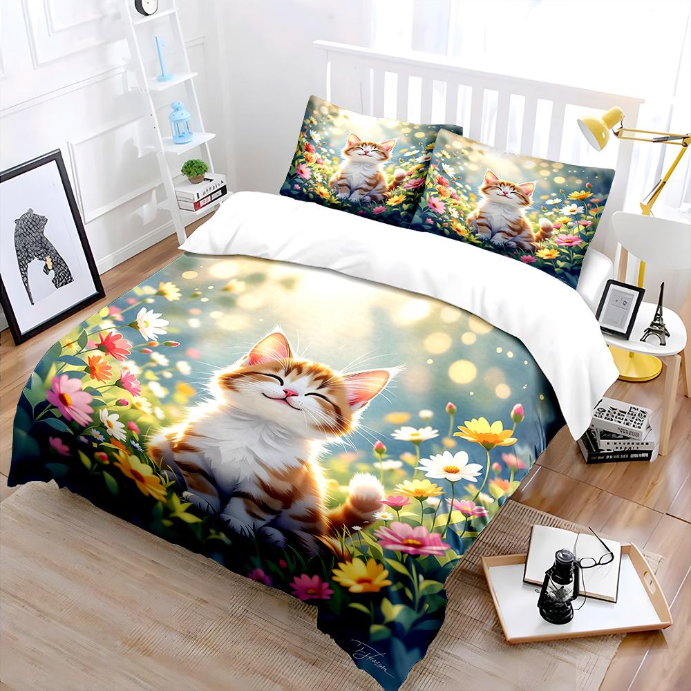 Smiling Kitten In A Bright Flower Field Print Soft Comfortable Duvet Cover Bedding Set Included 1*Duvet Cover  2*Pillowcases