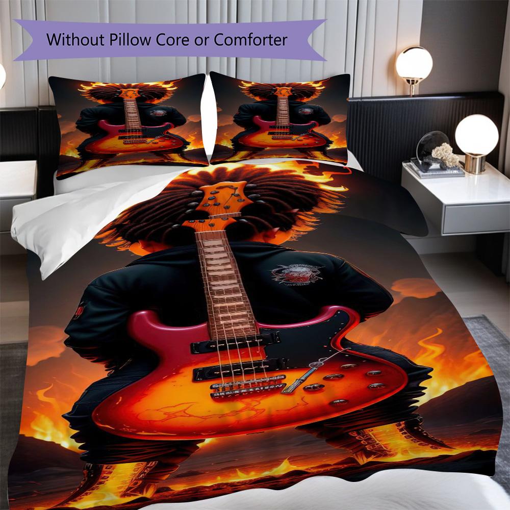 1 Peça Música, Tema Guitarra Conjunto de Colcha Cobertor Capa de Colcha Fronha Decoração de Casa Presente de Aniversário (1 * capa de edredom + 9 * fronhas, sem enchimento)