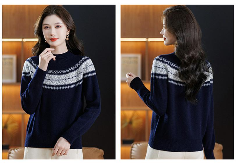 Women's Petite Jacquard Knit Wool Sweater - Autumn/Winter, Half-High Collar, Slimming Base Layer