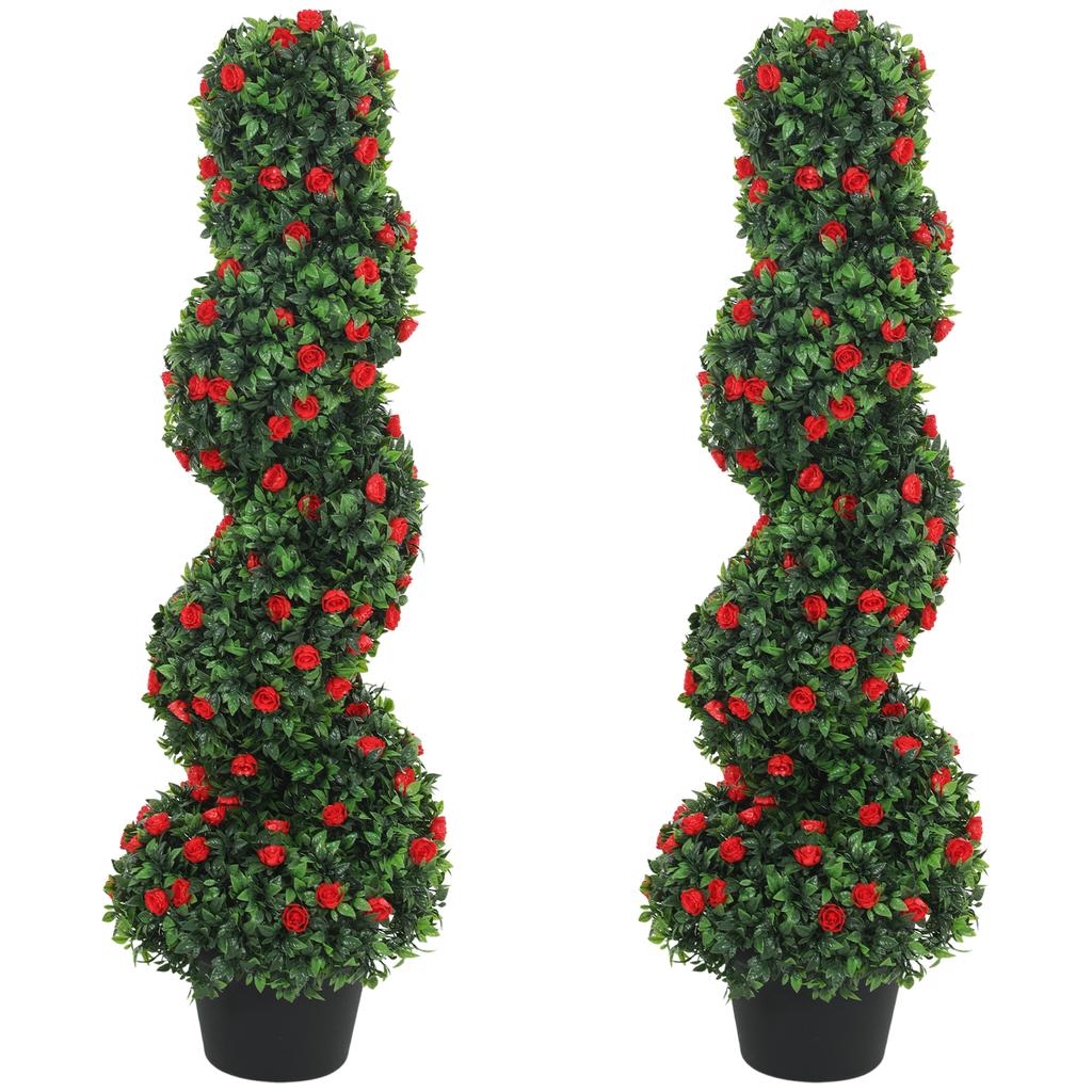 Artificial Rose Spiral Topiary Tree Set of 2, Indoor Outdoor Fake Plants with 630 Leaves, 90cm