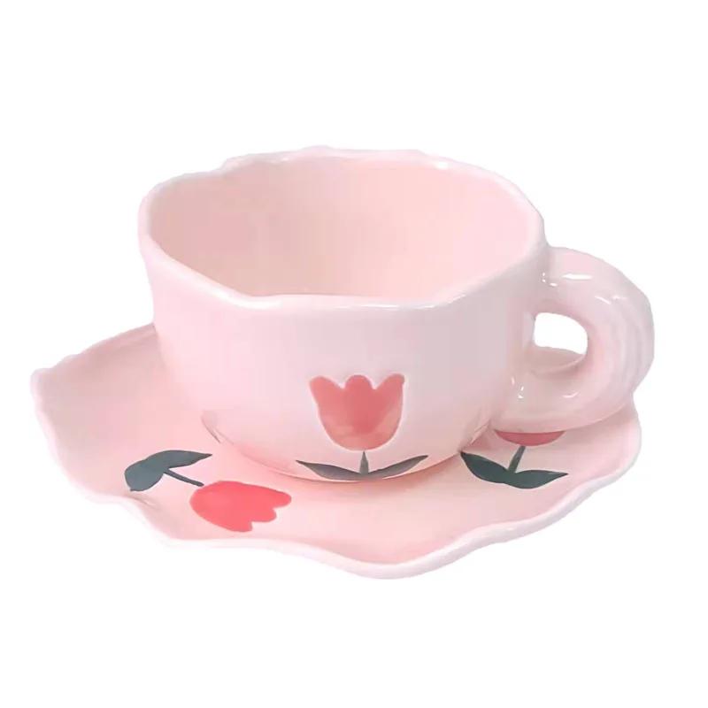 Ins Hand Holding Cup Minority Hand-painted Tulip Pink Flowers Ceramic Cup Hand-made Vintage Creative Gift