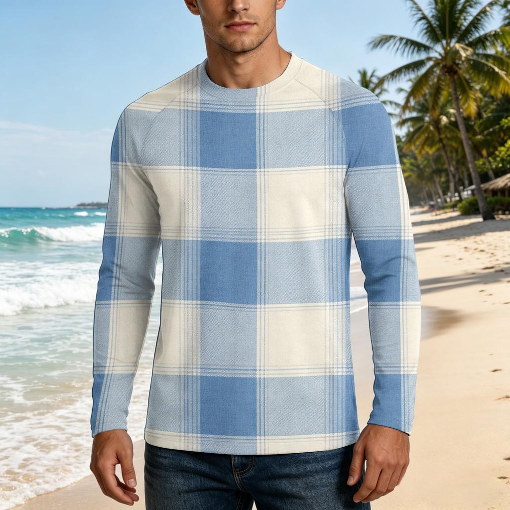 Men Long Sleeve UPF 50 Plus Sun Protection Shirt Outdoor Sports Fishing Casual Top Lightweight Breathable Quick Dry Crewneck Plaid Design