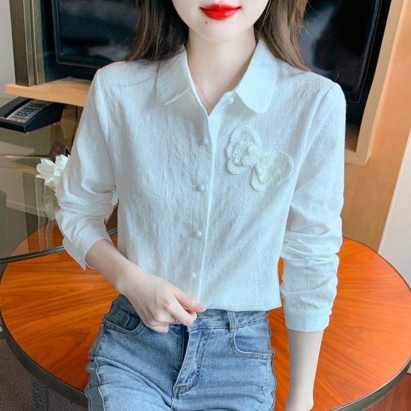 Women Embroidered Jacquard Long Sleeve Thin Cotton Blouse Shirt For Ladies S белый