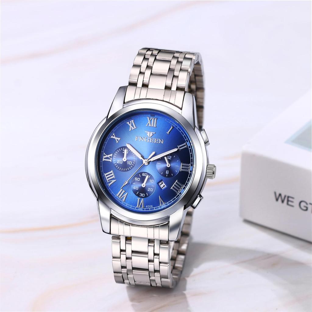 Stainless Steel Calendar 3ATM Diamond Luminous Analog Display Stylish Antique Quartz Watch Silver Blue Fashion Accessory Birthday Anniversary