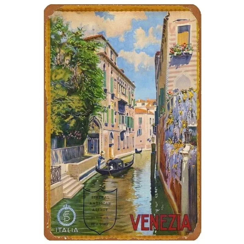 Vintage Hawaii New York Santorini Landscape Travel Tour Poster Retro Metal Aluminum Signs Funny Plaque Home Bar Cafe Wall Decor