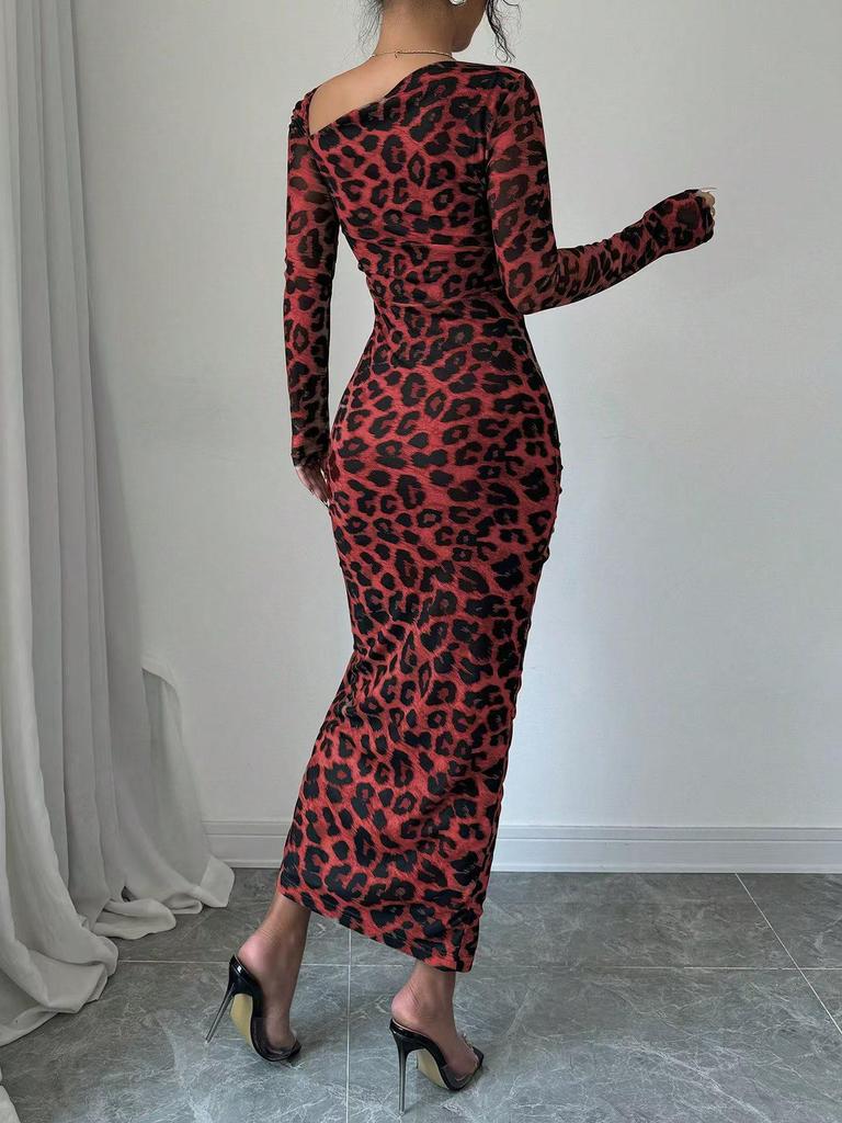 Women's Leopard Print High Waist Long Sleeve Dress