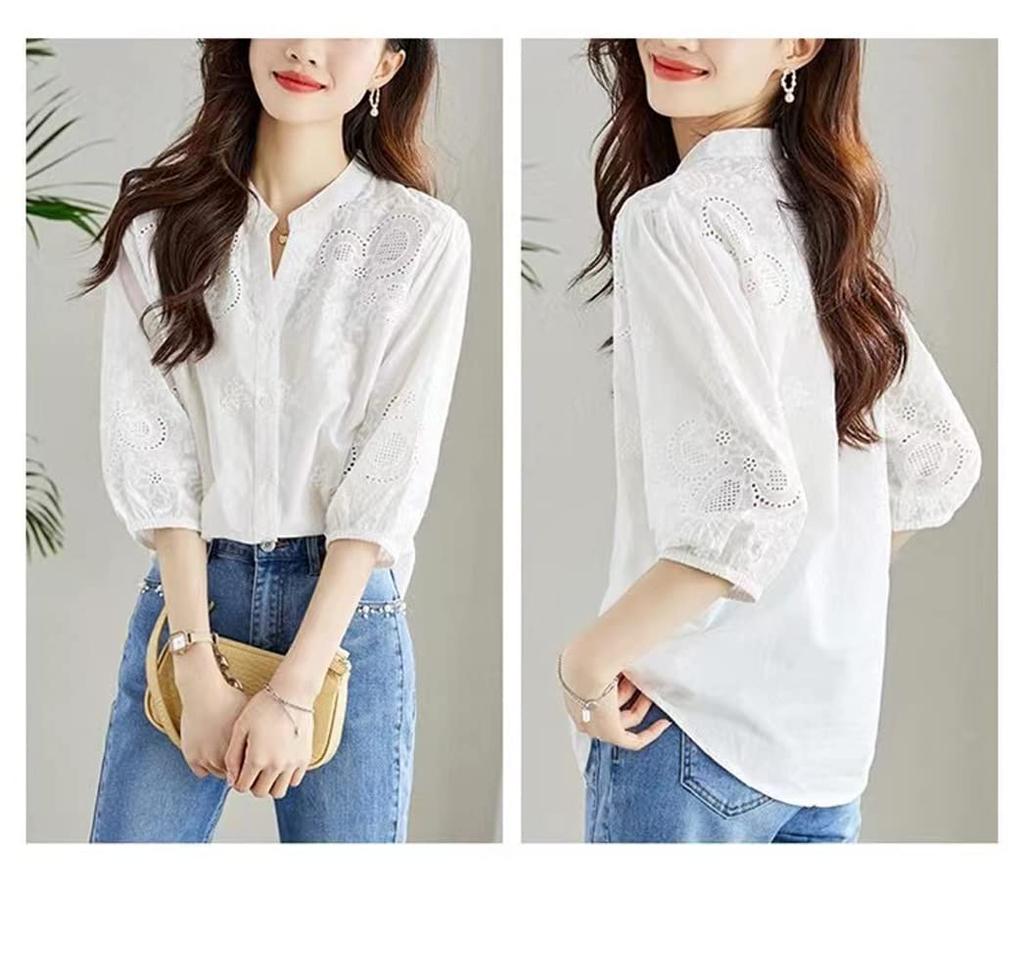 short floral large openwork [PH.YZBBDPG] Shirt, blouse, top, sleeve, V-neck, plain, embroidery, pattern, size, feminine, women's, knit, slimming,
