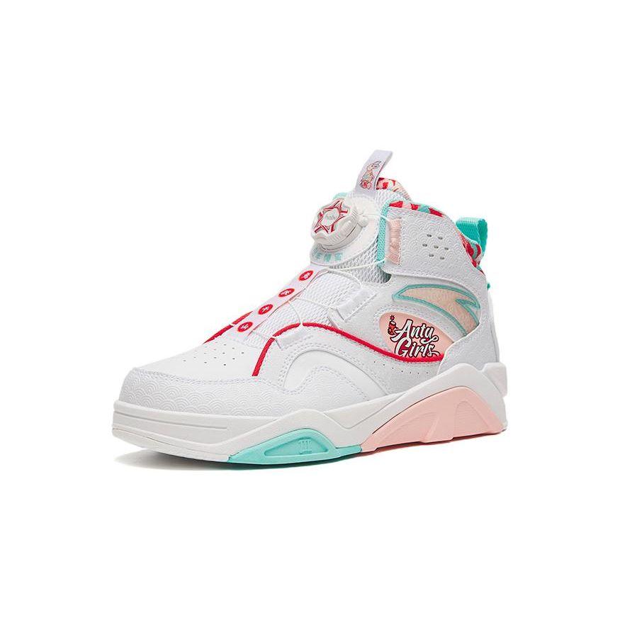 Anta Kids Anti-Kick Wear-Resistant High-Top Skate Shoes Kids Skate Shoes White Pink Blue 322318009-8