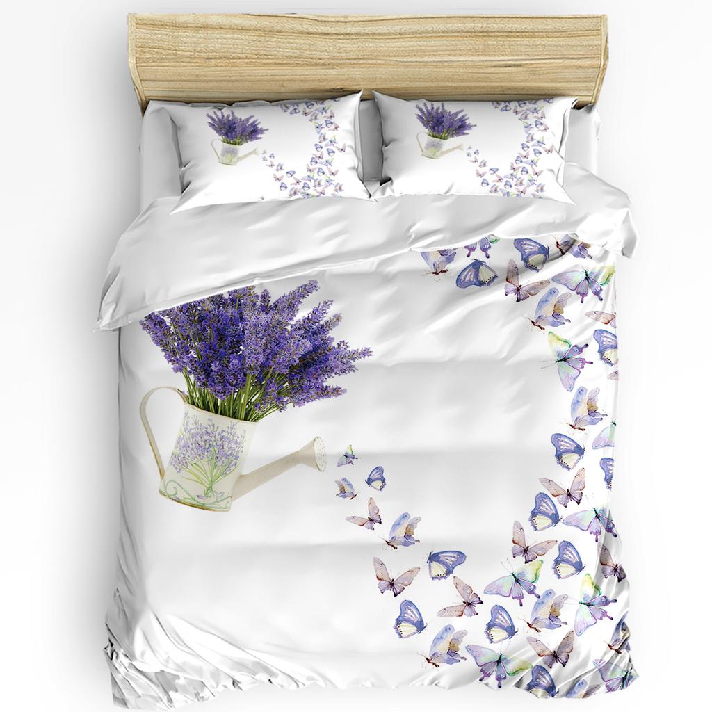 Fioletowy Kwiat Lawendowy Biały Poszwa na Kołdrę z Poszewką na Poduszkę Niestandardowy 3-częściowy Zestaw Pościeli Pokrowiec na Kołdrę Podwójne Łóżko Tekstylia Domowe