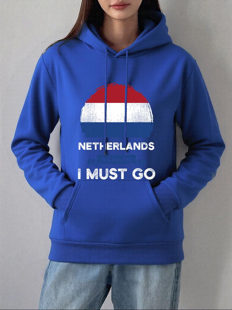 Die Niederlande rufen Ich muss gehen Drucke Hoodie Damen Winter Fleece Warmer Pullover Basics Tasche Sweatshirt Freizeit Locker Kleidung