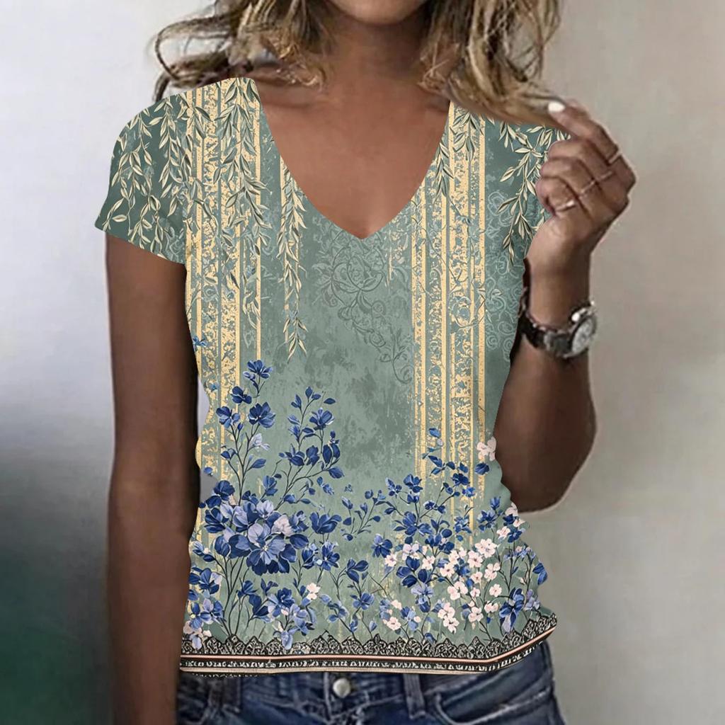 Women’s Casual V Neck Short Sleeve Floral Print T Shirt Relaxed Fit Lightweight Soft Fabric Top for Everyday Wear