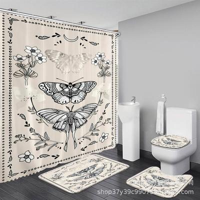 Luxury HD Printed Retro Butterfly Shower Curtain Set, Four-Piece Personalized Design.
