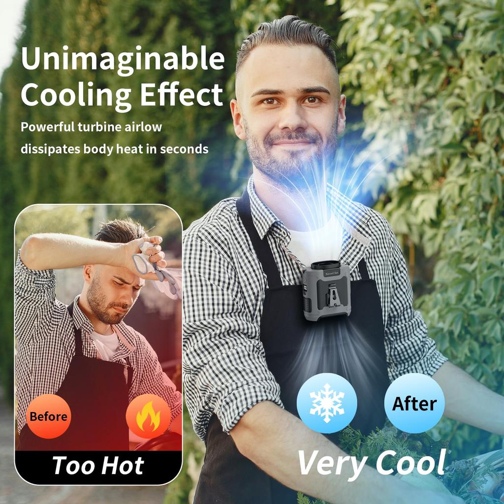 Ventilateur de taille portable 10000mAh à clipser, ventilateur personnel portable à ceinture, batterie rechargeable avec 5 vitesses et lampe de poche, 40H de refroidissement pour camping en extérieur, voyage