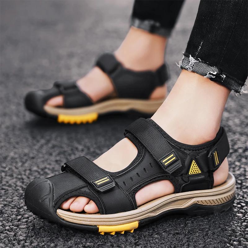 Summer Breathable Genuine Leather Men Sandals Waterproof Non-Slip Large Size Flip Flops Beach Shose For Outdoor Anti-Collision