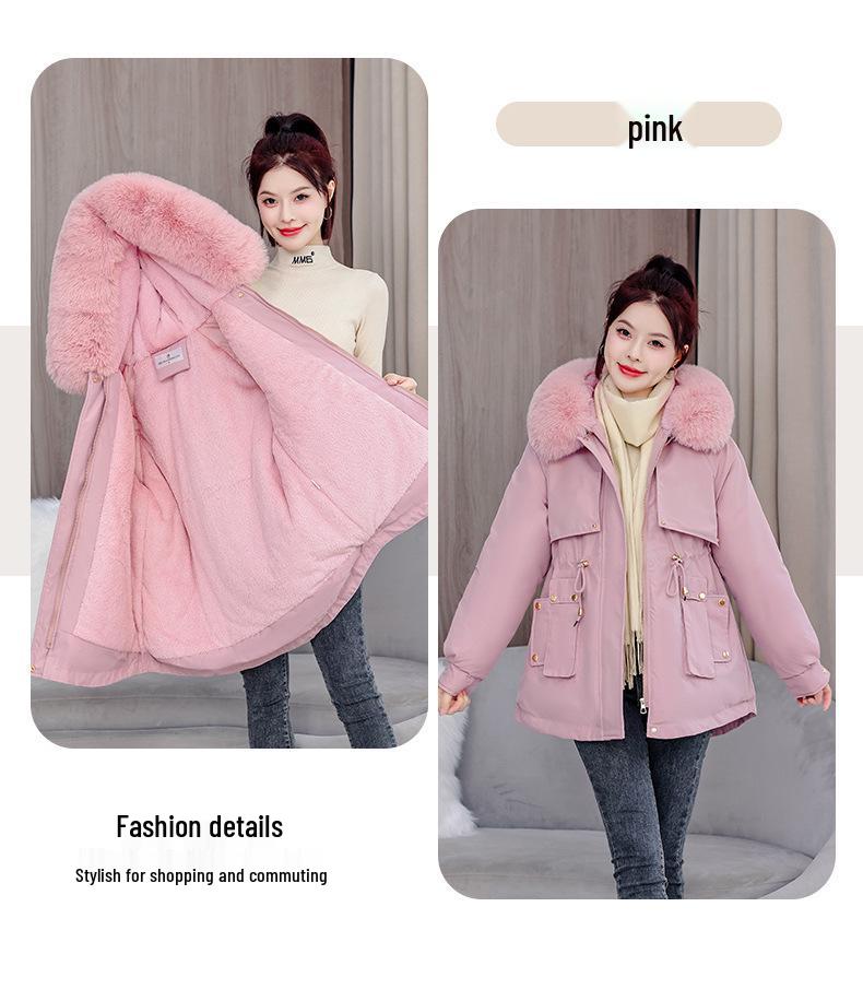 Petite Women's Thickened Down Parka with Fleece, Large Fur Collar, Korean Style, Waist-Cinched Hooded Jacket