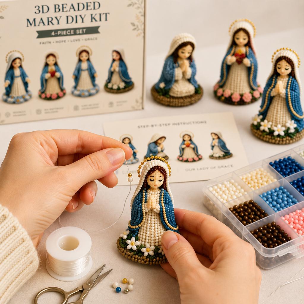 3D Beaded Mary DIY Kit 4-Piece Set Faith Hope Love Grace Crafting Kit for Handmade Religious Figures with Detailed Beading and Assembly Instructions