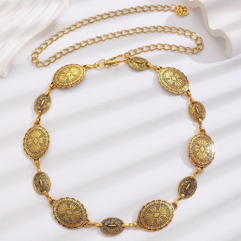 Vintage Oval Craved Metal Waist Chain For Women Retro Style Exquisite Gold Color Plated Belt Chains Fashion Body Jewelry Gifts