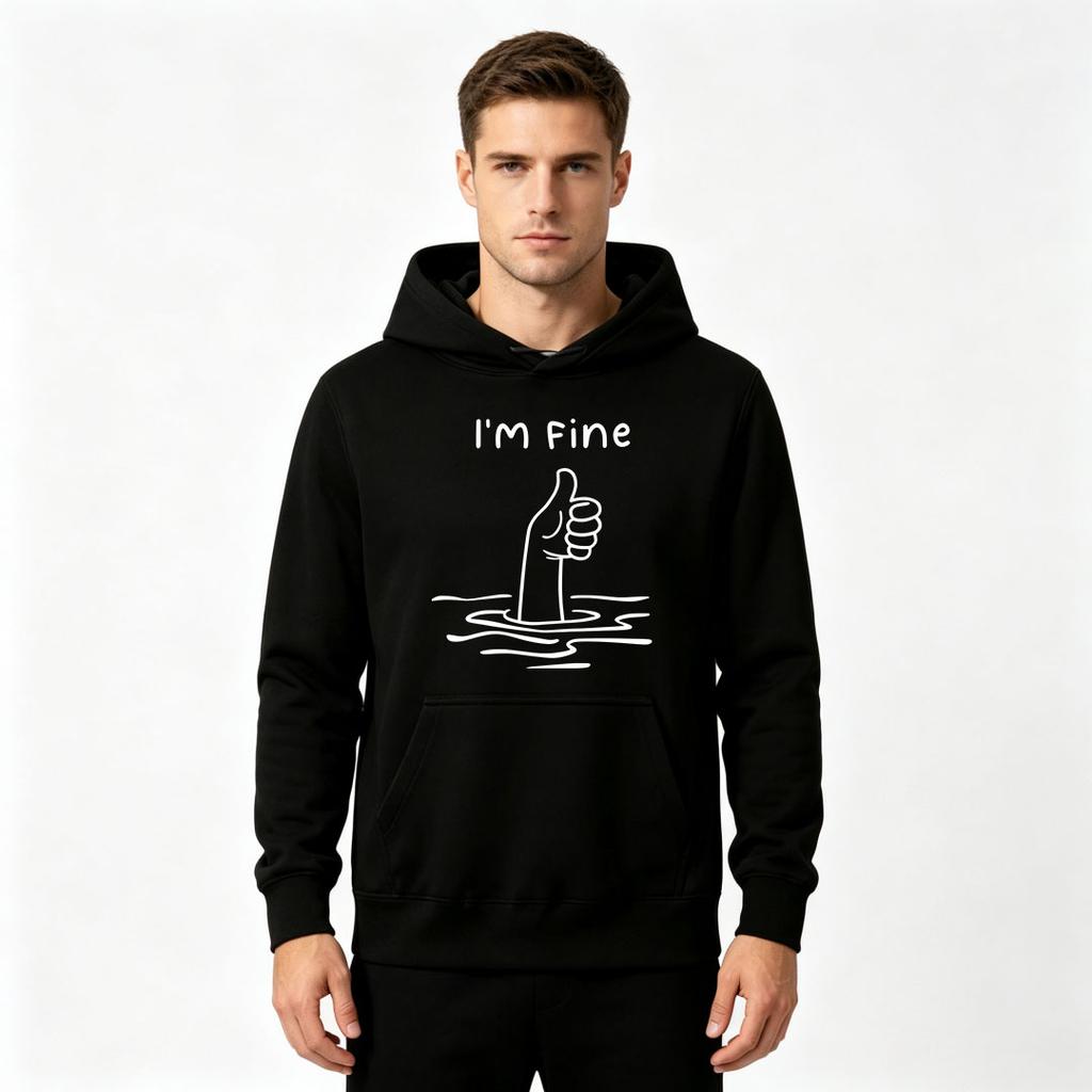 Men's Sarcastic 'I'm Fine' Drowning Hand Print Pullover Hoodie Casual Long Sleeve Sweatshirt