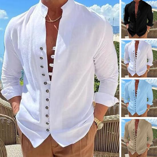 

Мужская рубашка с длинным рукавом и воротником-стойкой, однобортная, летняя, антипиллинговая, повседневная, однотонная, тонкая рубашка, повседневная одежда