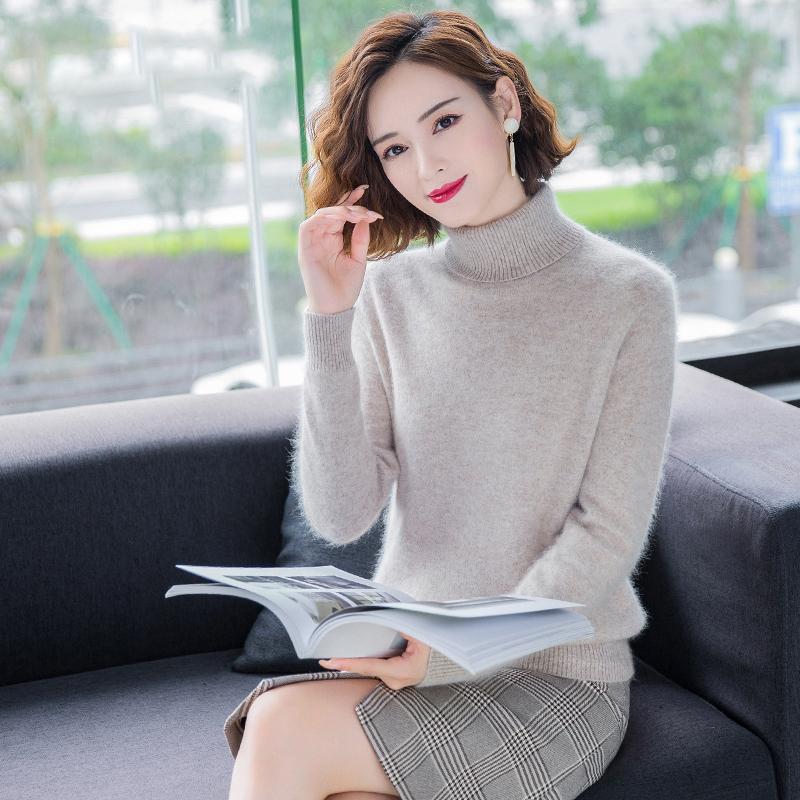 Autumn Winter Loose Solid Color High Neck Pullover Mink Cashmere Sweater Women Knitwear Pullover Thick Warm Solid Color Base High Lapel Clothing Tops