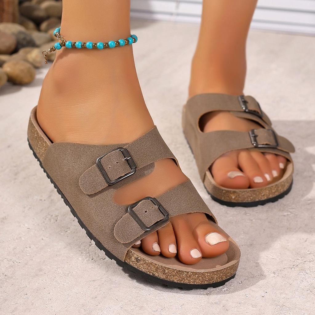Fashion New Women's Cork Footbed Slippers with Arch Support Summer Slip-On Double Buckle Slide Sandals with Adjustable Buckle