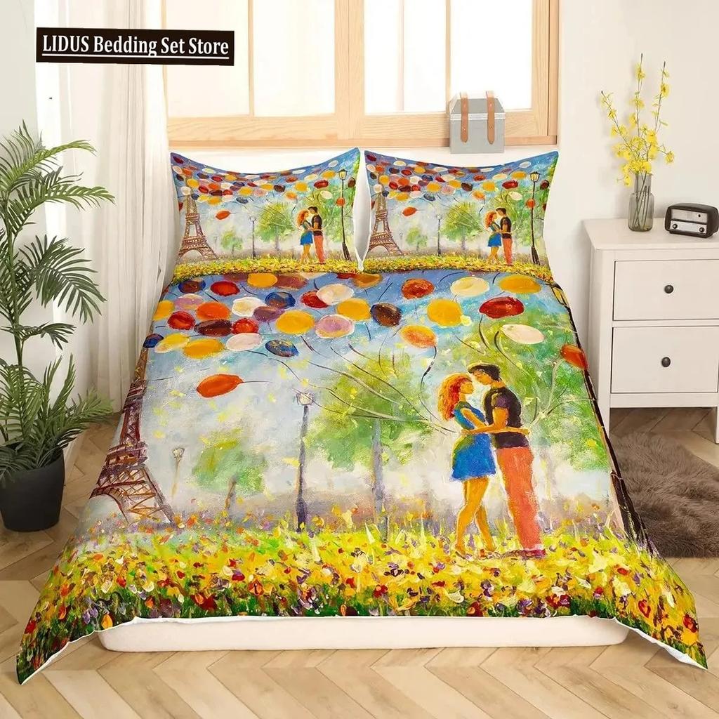 Comforter Valentine Day King Queen Paris Eiffel Tower Bedding Set Pink Watercolor Tulips Flowers Balloon Polyester