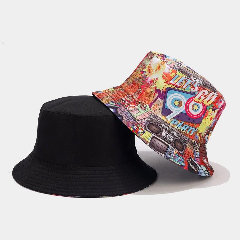 Europäischer und Amerikanischer Retro Klassiker 80er 90er Party Fischerhut Unisex Mode Graffiti Wendbarer Fischerhut