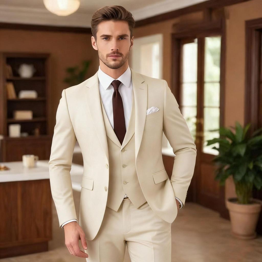 Dark Brown Suits for Men Fashion Single Breasted Solid Male Suit Fashion Business Casual Formal Wedding Party Tuxedo 3 Piece