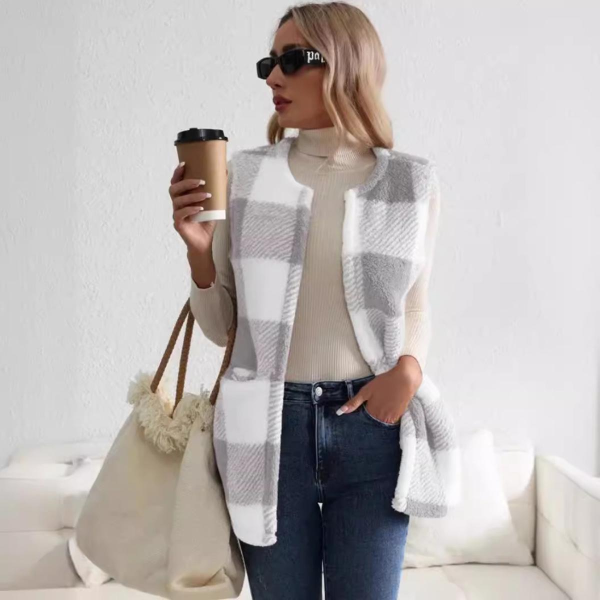 

Клетчатый жилет Тедди с открытым передом, повседневный зимний жилет без рукавов с карманом, женская одежда XXL светло-серый