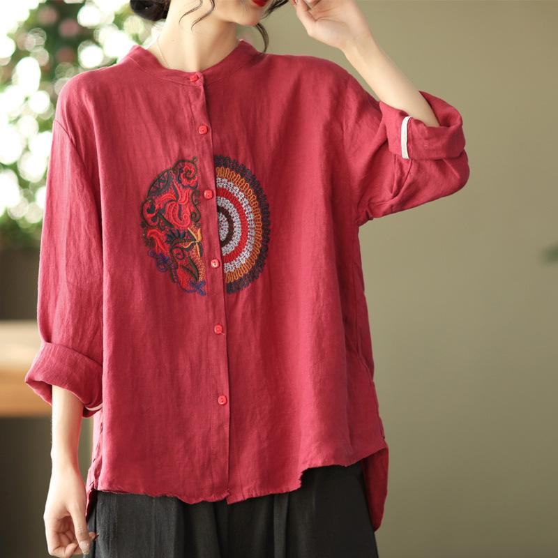 Women Casual Shirts Arrival  Spring Vintage Style Stand Collar Embroidery All-match Loose Female Long Sleeve Tops