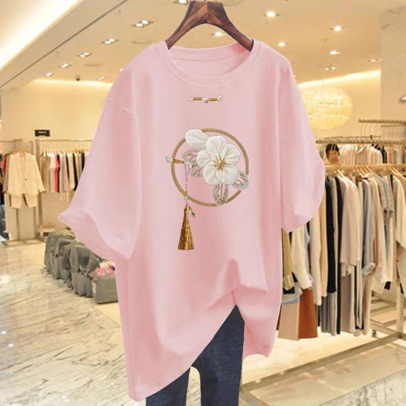 New Chinese Style Pure Cotton Medium and Long Short-sleeved T-shirt Women's Summer New Product Butt-covering and Thin Large-size T-shirt Top