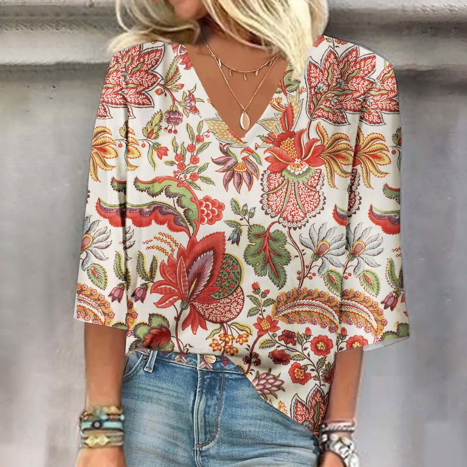 

Women s Shirt Blouse Casual Loose Shirts 3/4 Sleeve Print V Neck Tops Print Tops T-shirts Tee XL красный