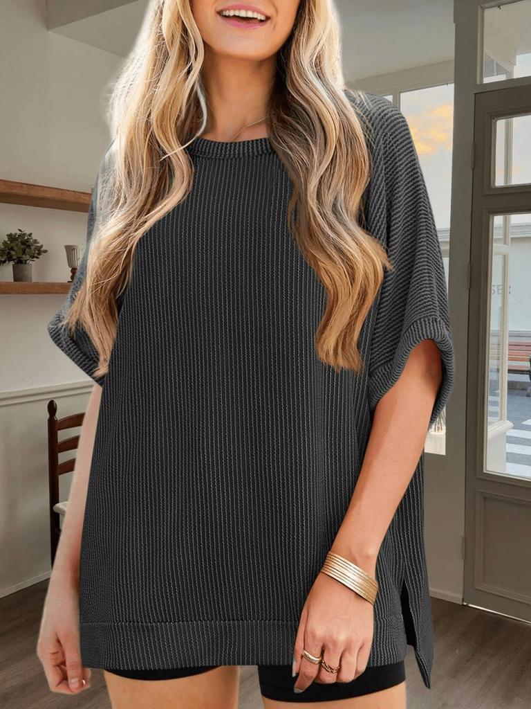 Womens Ribbed Batwing T Shirt Short Sleeve Loose Fit Summer Tunic Top