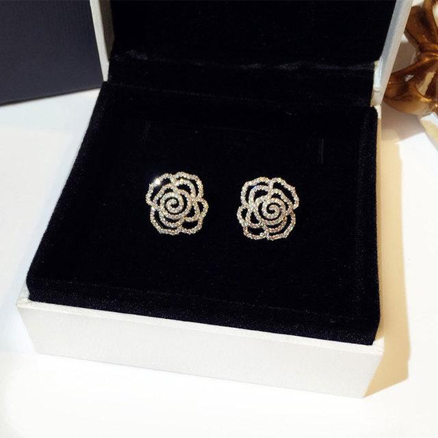 Famous Luxurious For Women Designers Jewelry Graceful Full Crystal Stone Flower Stud Earrings Quality Rose EarringLuxury Stud