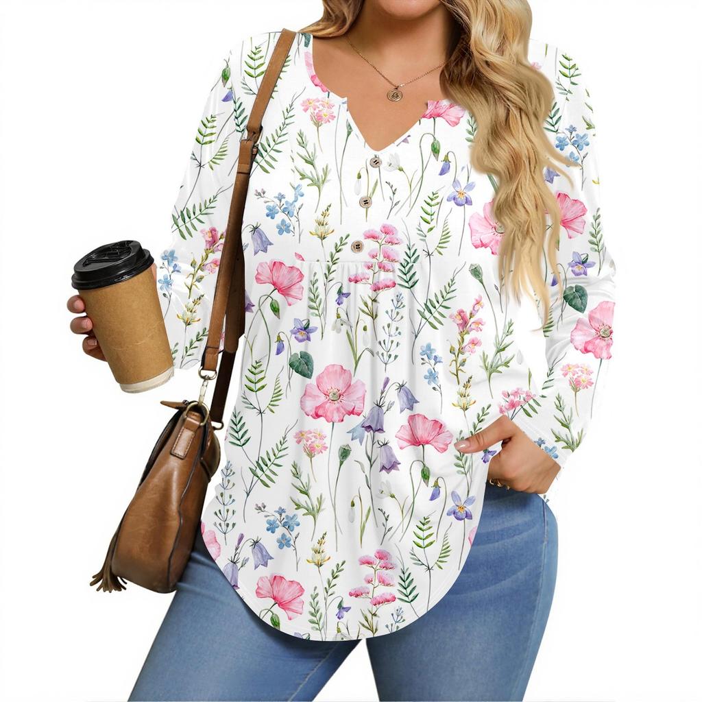 Womens Plus Size Long Sleeve Shirts  V Neck Tunic Tops Basic Loose Fit Tee Tops