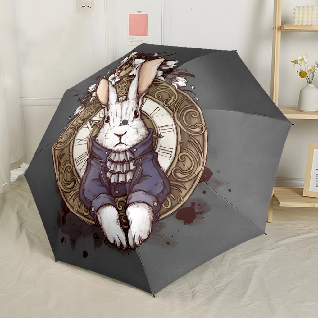 Vintage Festive Rabbit Art Automatic Umbrella Folding Umbrella with 8 Ribs Compact Design Travel Essential Fashionable Best for Christmas